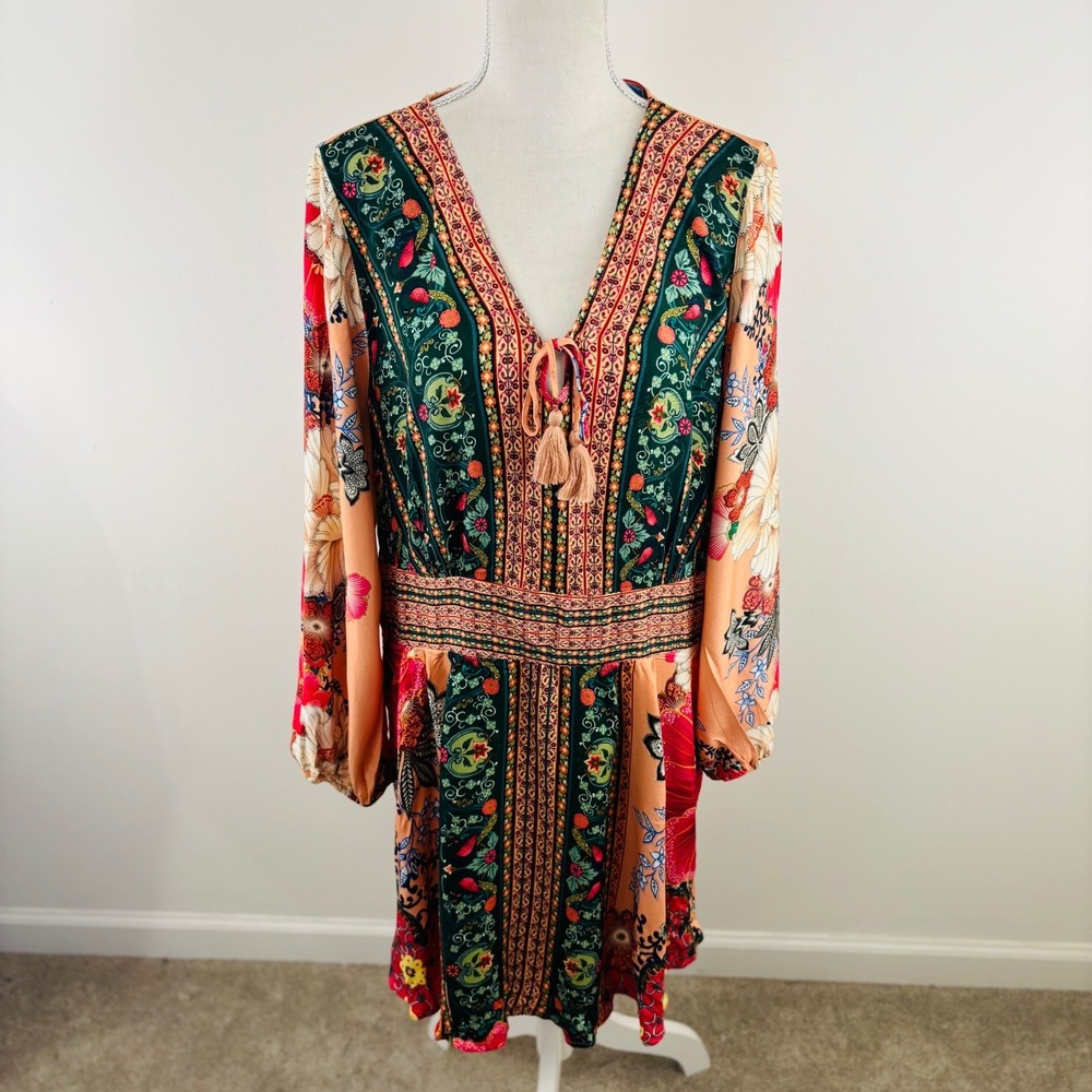 Farm Rio for Anthropologie Floral Boho V-Neck Mini Dress Topanga Side Pockets XL - Picture 2 of 14